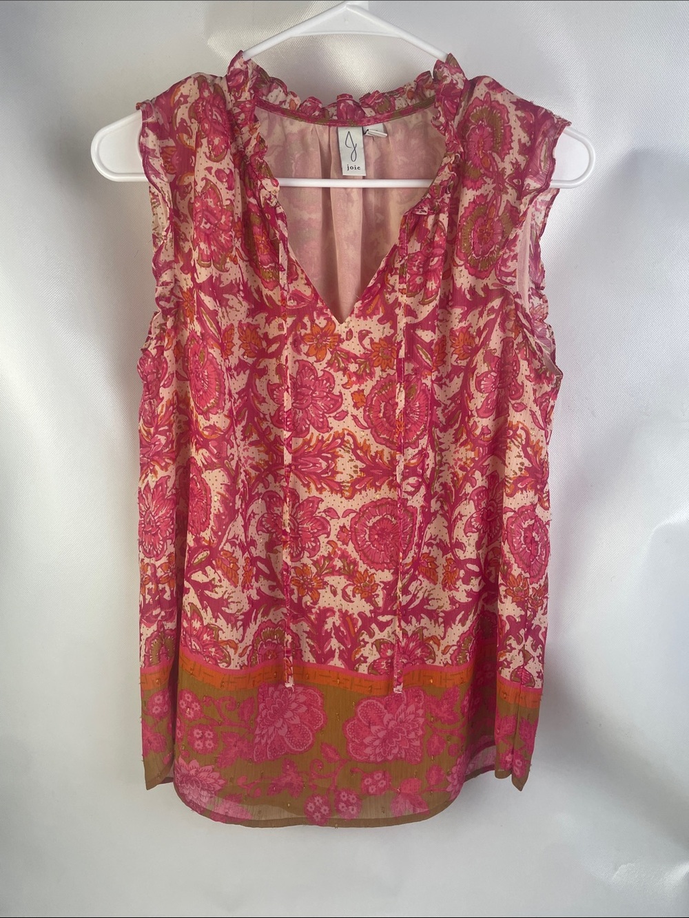 Joie Pink and Olive Floral Sleeveless V-Neck Blouse
